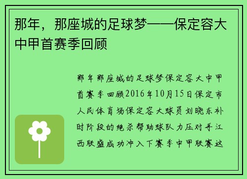 那年，那座城的足球梦——保定容大中甲首赛季回顾